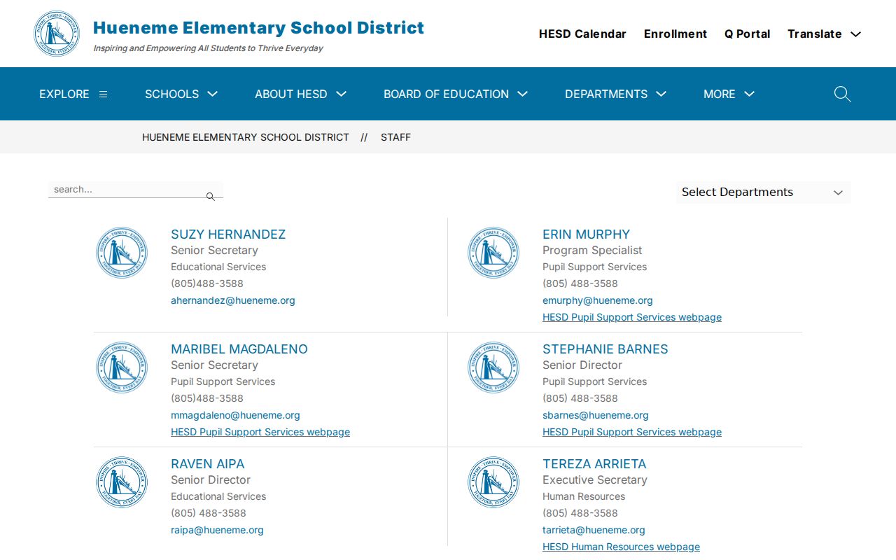 Oxnard directory entries in Hueneme Elementary School District staff search
