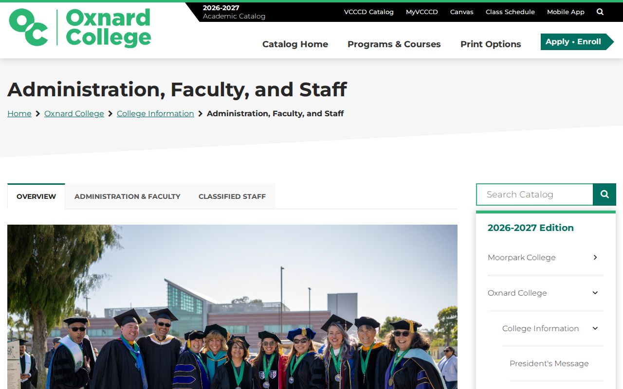Oxnard directory faculty and staff roster in Oxnard College catalog