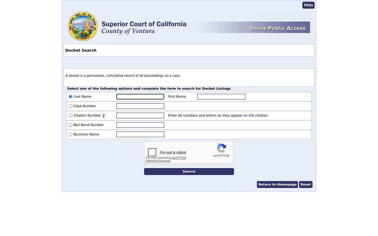 Oxnard public records search on the Ventura court docket screen