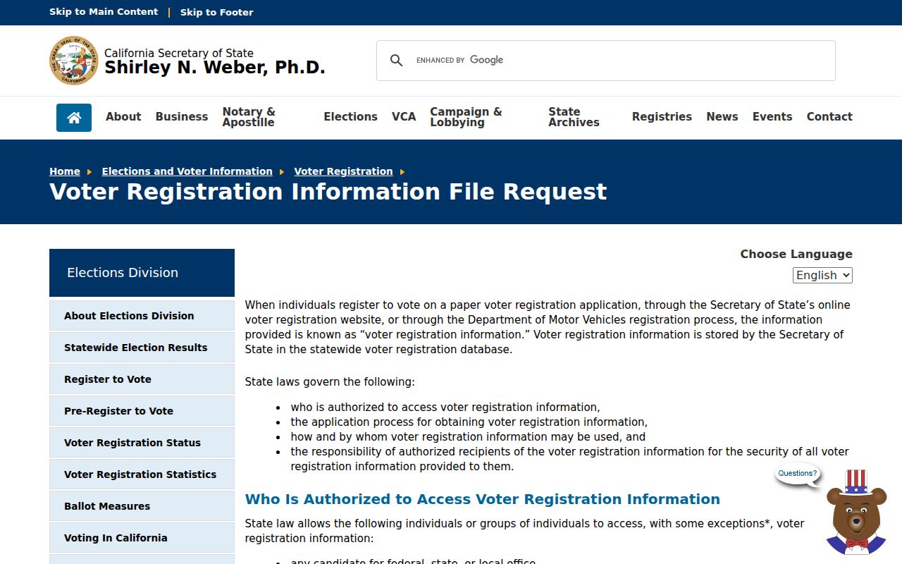 Oxnard voter records file request rules on California Secretary of State page